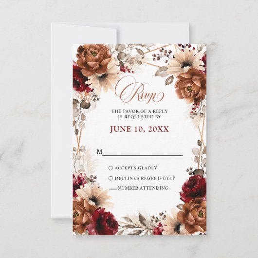 Terracotta Burgundy Mauve Floral Geometric Wedding RSVP Karte (Vorderseite)