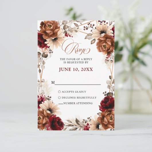 Terracotta Burgundy Mauve Floral Geometric Wedding RSVP Karte (Stehend Vorderseite)