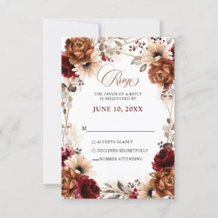 Terracotta Burgundy Mauve Floral Geometric Wedding RSVP Karte