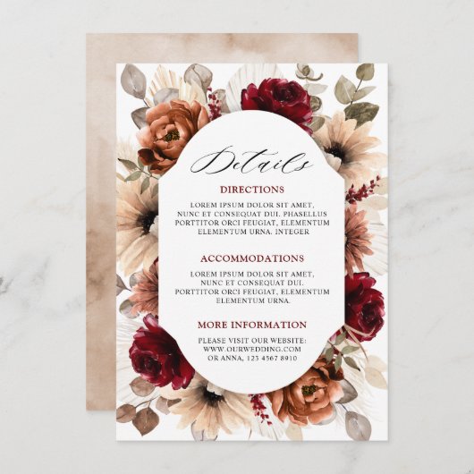 Terracotta Burgundy Mauve Floral Wedding Details Begleitkarte (Vorne/Hinten)