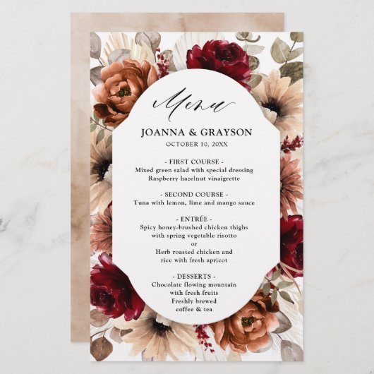 Terracotta Burgundy Mauve Floral Wedding Menu (Vorne/Hinten)