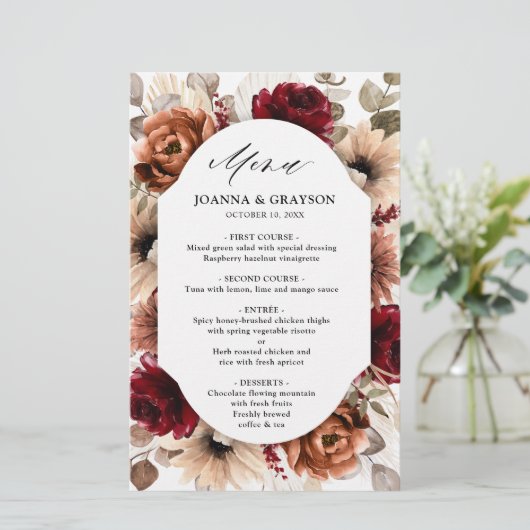Terracotta Burgundy Mauve Floral Wedding Menu (Stehend Vorderseite)