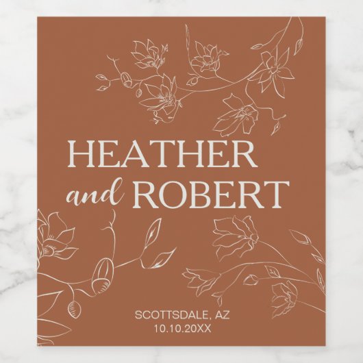Terracotta Burnt Orange Botanische Hochzeit Weinetikett (Einzelnes Label)