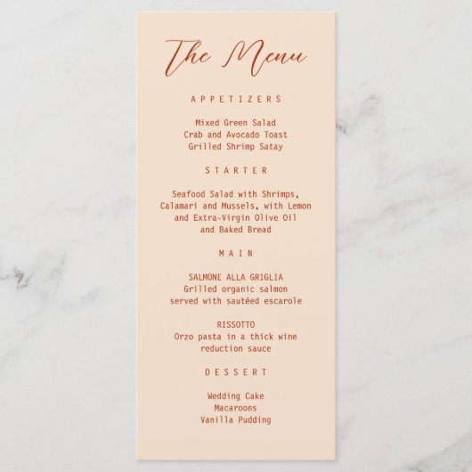 Terracotta Burnt Orange Einfache Moderne Menükarte (Vorderseite)