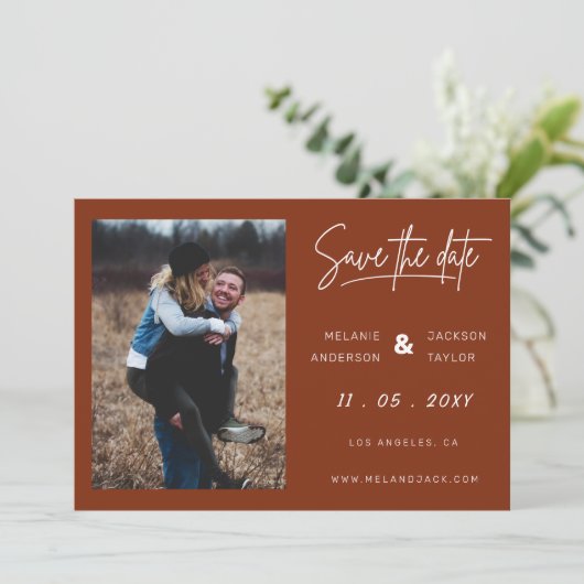 Terracotta Burnt Orange Einfaches handgeschriebene Save The Date (Stehend Vorderseite)