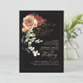 Terracotta Burnt Orange Floral Black Boho Wedding Einladung (Stehend Vorderseite)