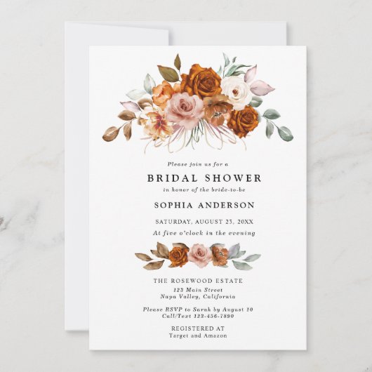Terracotta Burnt Orange Floral Bridal Shower Einladung (Vorderseite)