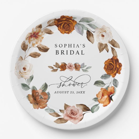 Terracotta Burnt Orange Floral Bridal Shower Pappteller (Vorderseite)