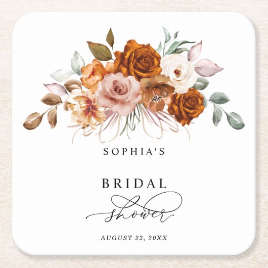 Terracotta Burnt Orange Floral Bridal Shower Rechteckiger Pappuntersetzer (Vorderseite)
