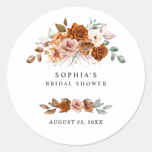 Terracotta Burnt Orange Floral Bridal Shower Runder Aufkleber (Vorderseite)