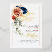 Terracotta Burnt Orange Floral Navy Blue Wedding Folieneinladung (Vorderseite)