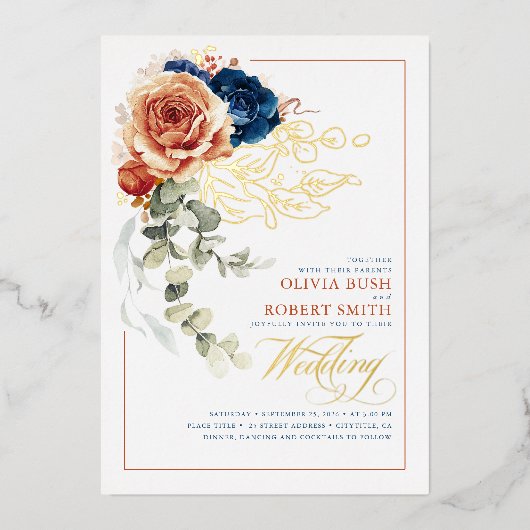 Terracotta Burnt Orange Floral Navy Blue Wedding Folieneinladung (Vorderseite)