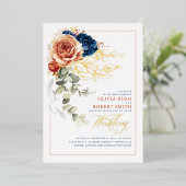 Terracotta Burnt Orange Floral Navy Blue Wedding Folieneinladung (Stehend vorne)