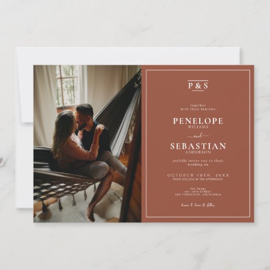 Terracotta Burnt Orange Monogram Photo Wedding Einladung (Vorderseite)