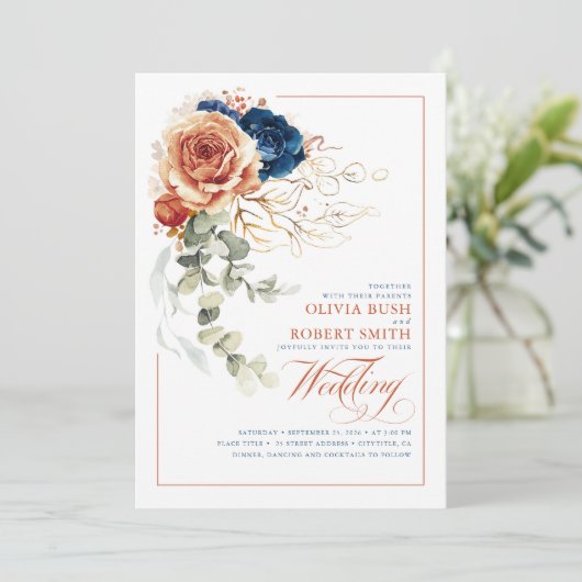 Terracotta Burnt Orange Navy Blumenhochzeit Einladung (Stehend Vorderseite)