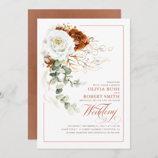 Terracotta Burnt Orange & White Floral Wedding Einladung (Vorne/Hinten)