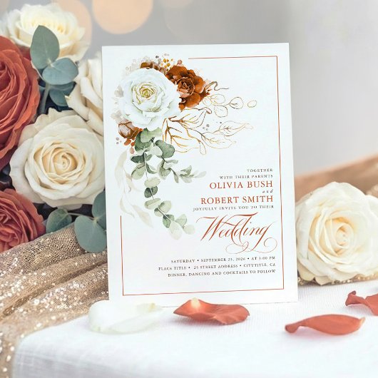 Terracotta Burnt Orange & White Floral Wedding Einladung