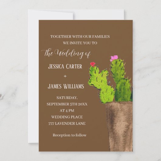 Terracotta Cactus Desert Mexico Wasserfarbenhochze Einladung (Vorderseite)