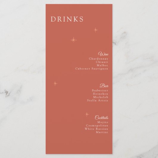 Terracotta Celestial Wedding Menu & Drinks Card Menükarte (Rückseite)
