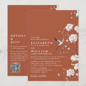 Terracotta Chinoiserie Floral QR Code Wedding Einladung (Vorne/Hinten)