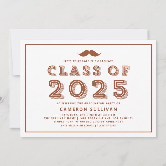 Terracotta Class of 2025 Mustache Retro Abschluss Einladung (Vorderseite)