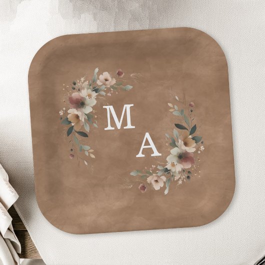 Terracotta Clay Floral Wreath Wedding Monogram Pappteller