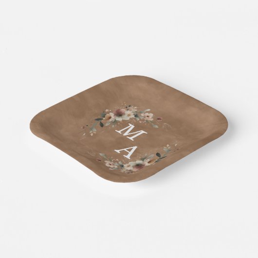 Terracotta Clay Floral Wreath Wedding Monogram Pappteller (Gewinkelt)