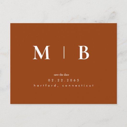Terracotta Contemporary Monogram Save the Date Postkarte (Vorderseite)