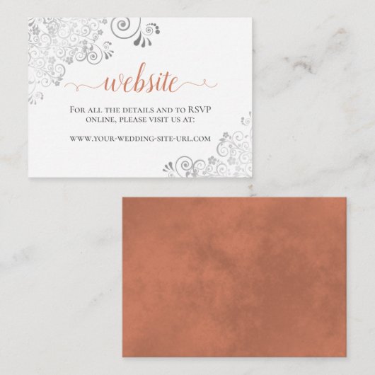 Terracotta Coral Silver Lace White Wedding Website Begleitkarte (Vorne/Hinten)
