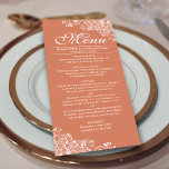 Terracotta Coral & White Curls Hochzeit Menükarte<br><div class="desc">Dieses schöne, in Korallenfarben gehaltene Menü fügt Ihrem Hochzeitsempfang einen gewissen Stil hinzu. Es zeichnet sich durch ein schlichtes, aber schönes Design mit eleganten Schriftzeichen und verzierten dekorativen weißen Vorhängen und Wirbel in den Ecken aus. Es gibt Platz für die Namen des Paares und das Hochzeitstag, und der Text ist...</div>