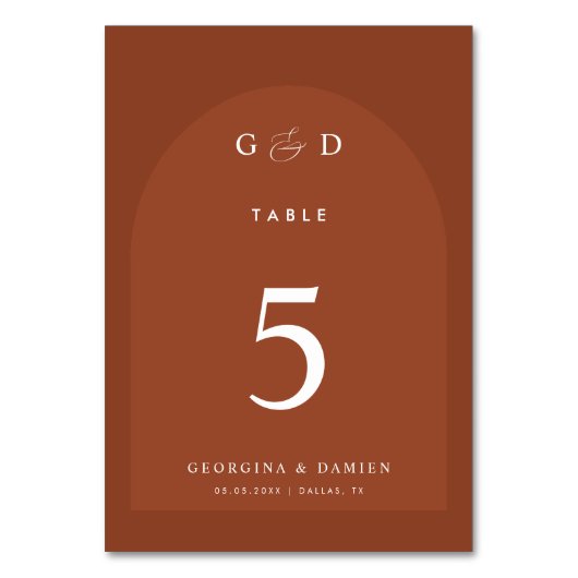 Terracotta Coriander Boho Arch Monogram Wedding Tischnummer (Rückseite)