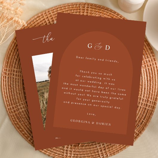 Terracotta Coriander Boho Foto Monogram Wedding Dankeskarte