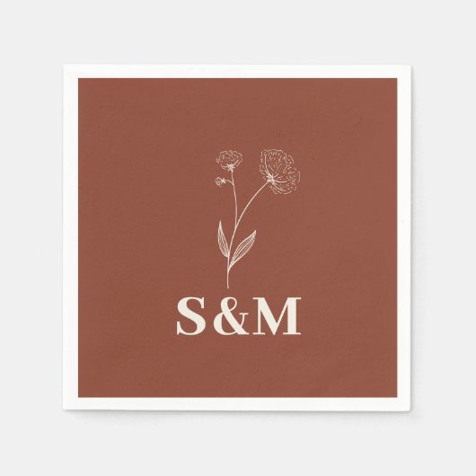 Terracotta Cotton Blume Monogram Wedding Serviette (Vorderseite)
