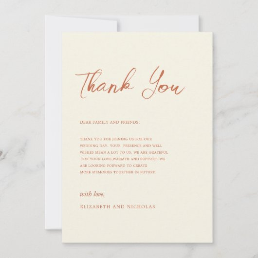 Terracotta creme rustikale boho Hochzeit im Herbst Dankeskarte (Vorderseite)