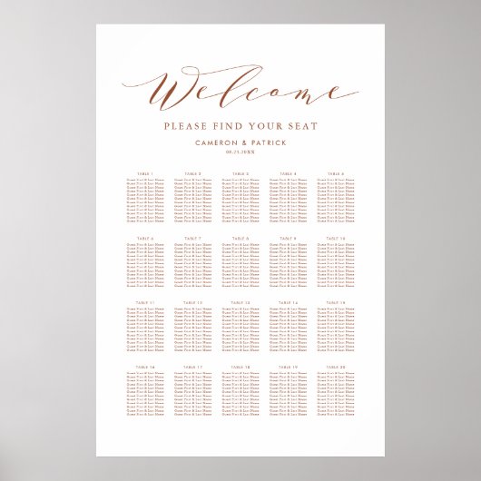 Terracotta Dainty Script Hochzeitsdiagramm Poster (Vorne)