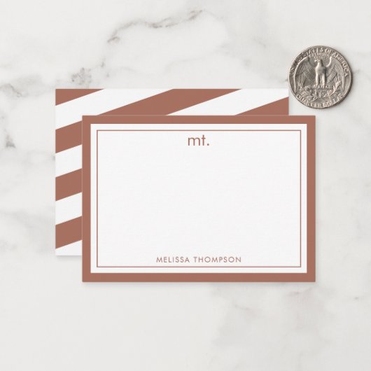 Terracotta Double Border Moderne Monogramm Streife Mitteilungskarte (Vorderseite/Rückseite Beispiel)