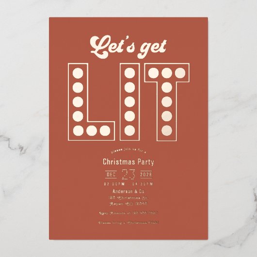 Terracotta Dream Get Lit Retro Christmas Party Folieneinladung (Vorderseite)