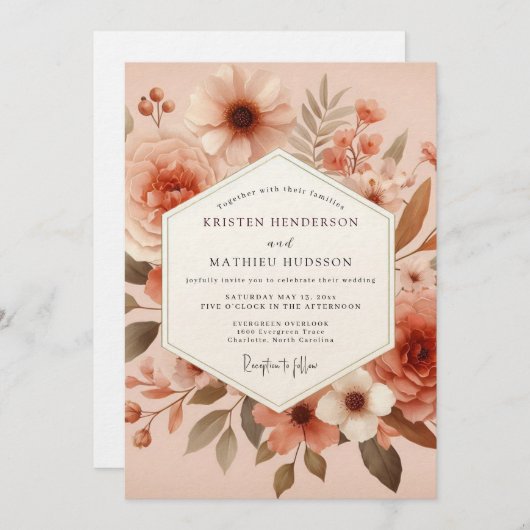 Terracotta Earthy Bloom Wedding Einladung (Vorne/Hinten)