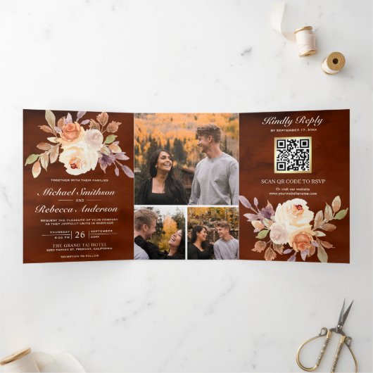 Terracotta Earthy Ivory Floral QR Code Wedding Dreifach Gefaltete Einladung (Innenseite)