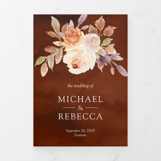 Terracotta Earthy Ivory Floral QR Code Wedding Dreifach Gefaltete Einladung (Cover)