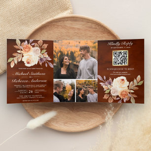 Terracotta Earthy Ivory Floral QR Code Wedding Dreifach Gefaltete Einladung