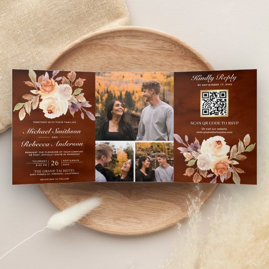Terracotta Earthy Ivory Floral QR Code Wedding Dreifach Gefaltete Einladung