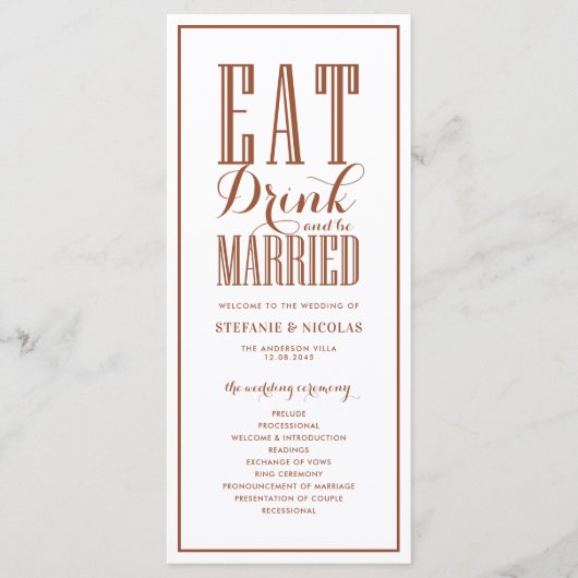 Terracotta Eat Drink und Verheiratet Hochzeit sein Programm (Vorderseite)