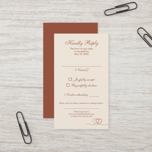Terracotta Elegant Calligraphy Wedding RSVP Card Visitenkarte (Vorderseite/Rückseite Beispiel)