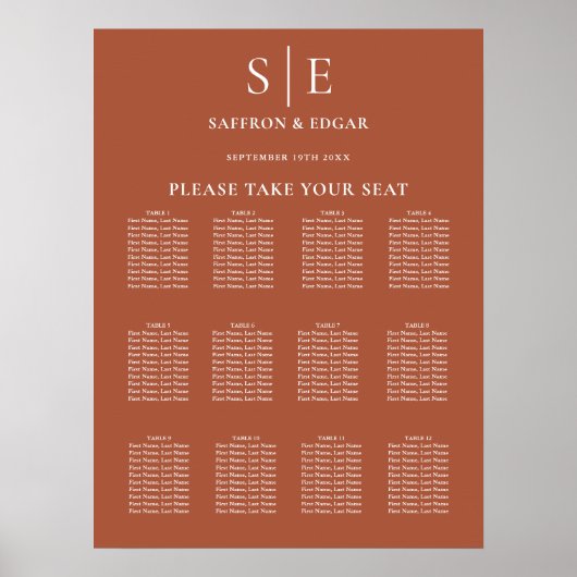 Terracotta Elegant Monogram Wedding Chart Poster (Vorne)