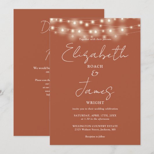 Terracotta Elegant String Lights QR Code Wedding Einladung (Vorne/Hinten)
