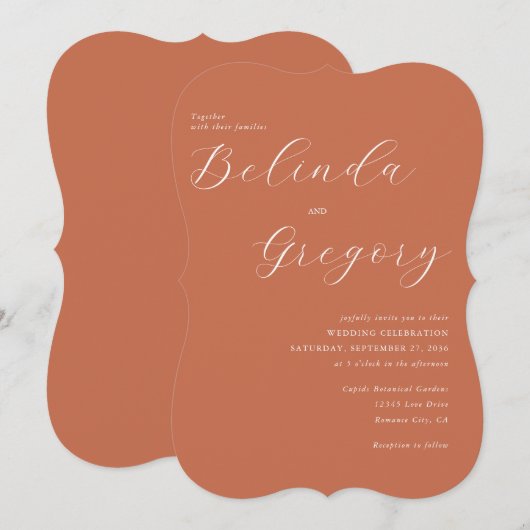 Terracotta Elegante Script Calligraphy Wedding Einladung (Vorne/Hinten)