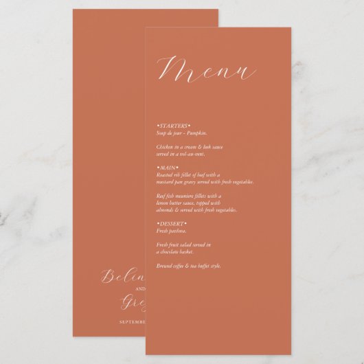 Terracotta Elegante Script Calligraphy Wedding Menükarte (Vorne/Hinten)