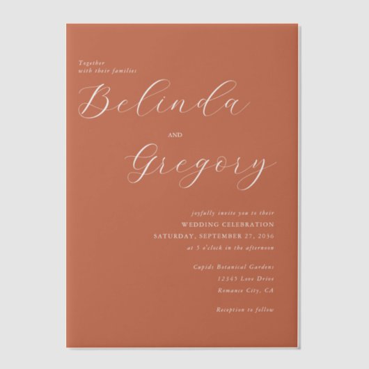 Terracotta Elegante Script Calligraphy Wedding Pergament Einladungen (Vorderseite)