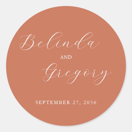 Terracotta Elegante Script Calligraphy Wedding Runder Aufkleber (Vorderseite)